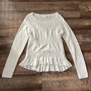 Women's Cream Ruffled-Hem Crewneck Sweater